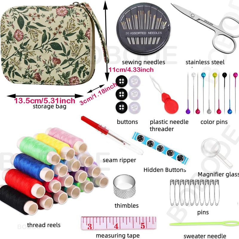 Bobode Arts Craft Printing Sewing Kit Floral Pattern Small Sewing Set,Professional Travel Sewing Kit with 18 Colors Sewing Thread, Basic Sewing Supplies Accessory for Emergency, Home Beginners - Image 2